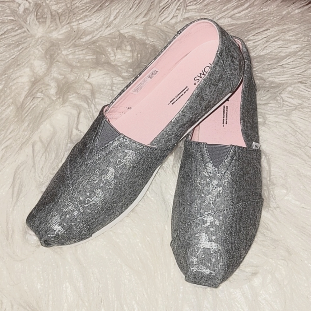 TOMS Alpargata Espadrilles Grey Foil Unicorn Slip On Shoes Size 9.5 - Picture 2 of 11
